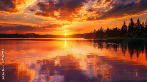 A beautiful sunset over a lake with a reflection of the sun on the water. The sky is filled with clouds  creating a serene and peaceful atmosphere