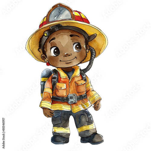 Watercolor Cute Black Fire Fighter, Fireman Clipart, cute kid's illustration