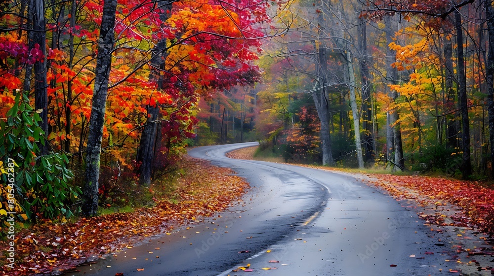The roadside is alive with the vibrant colors of autumn, as leaves of gold, red, and orange create a dazzling display that seems to set the world ablaze with color.