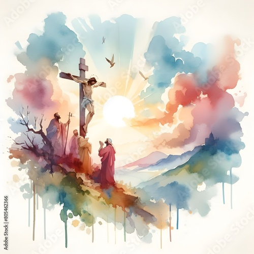 Crucifixion of Jesus Watercolor illustration on White Background