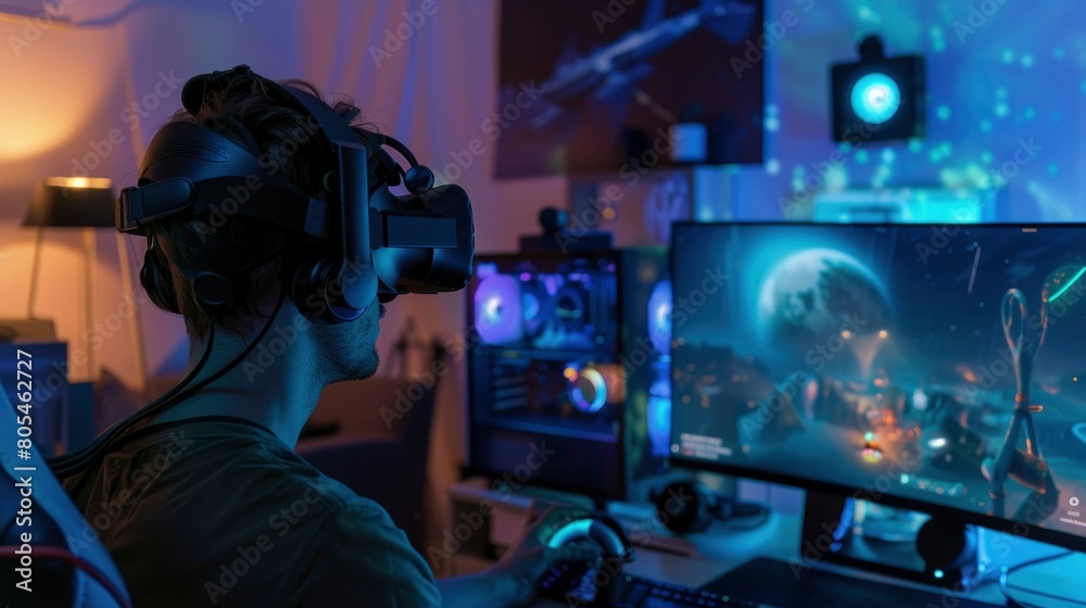 A man is playing a video game in a room with a blue background. The room has a blue theme and has a few lamps and a chair A man is playing a video game in a room with a blue background. The room has a blue theme and has a few lamps and a chair