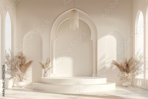 Minimalist Islamic interior decor with arched niches and plants.