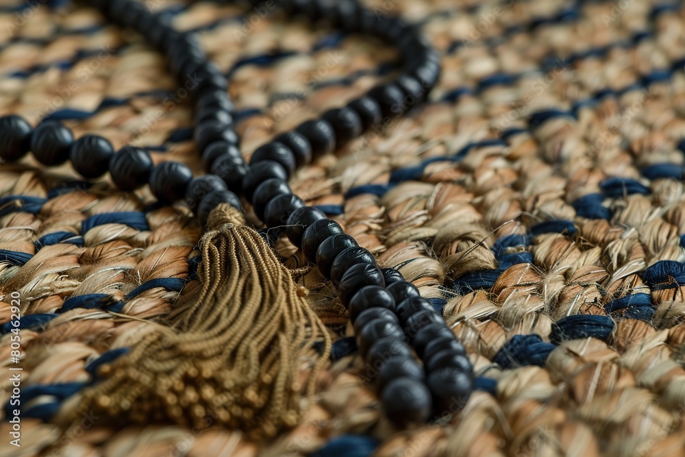 Close-up of a black tasbih (prayer beads) on woven textured mat. Close-up of a black tasbih (prayer beads) on woven textured mat.