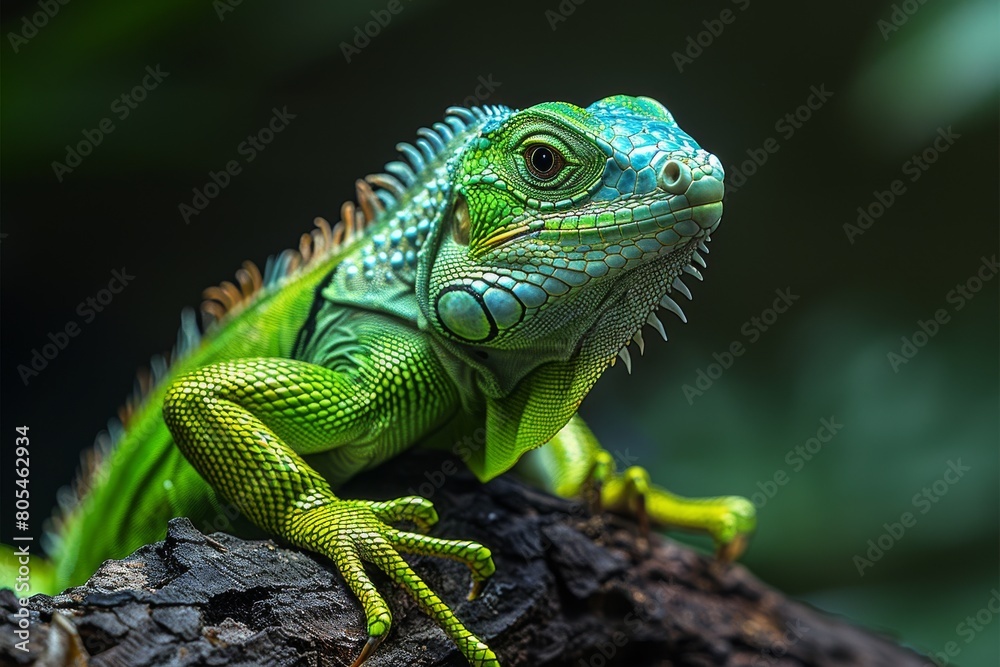 Vibrant green iguana with spiky crest perched on a rugged tree bark, showcasing its reptilian features Vibrant green iguana with spiky crest perched on a rugged tree bark, showcasing its reptilian features