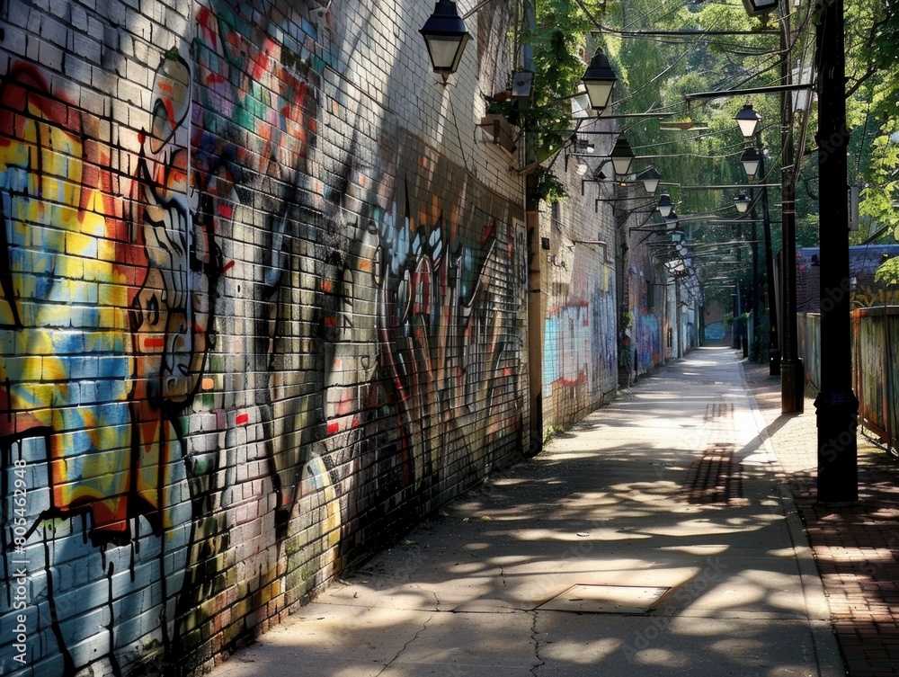 Fototapeta premium A graffiti covered brick wall with a path in front of it