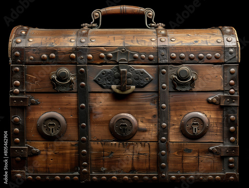 Grand coffre antique en bois avec des charnières en fer forgé et un verrou en fer, fond noir photo