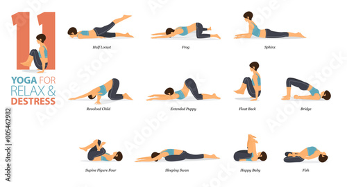 11 Yoga poses or asana posture for workout in relax & destress concept. Women exercising for body stretching. Fitness infographic. 