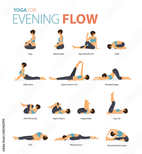 16 Yoga poses or asana posture for workout in evening flow concept. Women exercising for body stretching. Fitness infographic. 