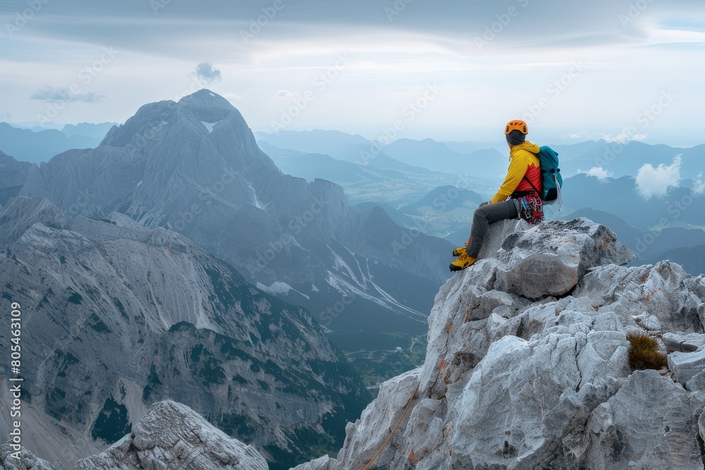 A tourist climber with climbing equipment and a backpack sits on the top of a rock and looks into the distance at the beauty of the mountains A tourist climber with climbing equipment and a backpack sits on the top of a rock and looks into the distance at the beauty of the mountains