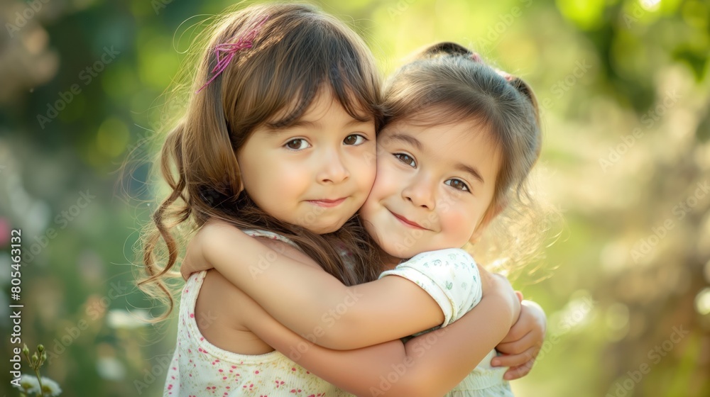Two young girls hugging each other affectionately in a grassy field Two young girls hugging each other affectionately in a grassy field