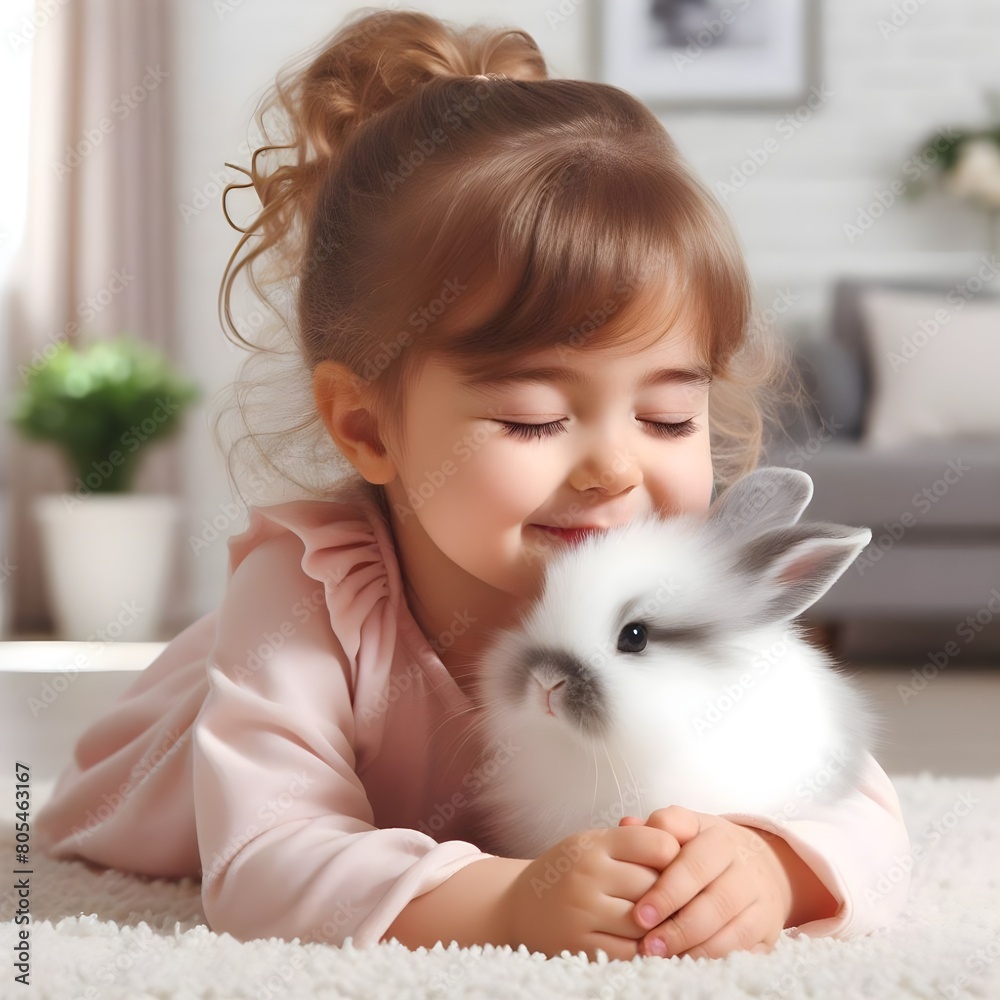 toddler girl in a ponytail and pink flannel pjs kissing a white and grey bunny, smiling with her eyes closed toddler girl in a ponytail and pink flannel pjs kissing a white and grey bunny, smiling with her eyes closed