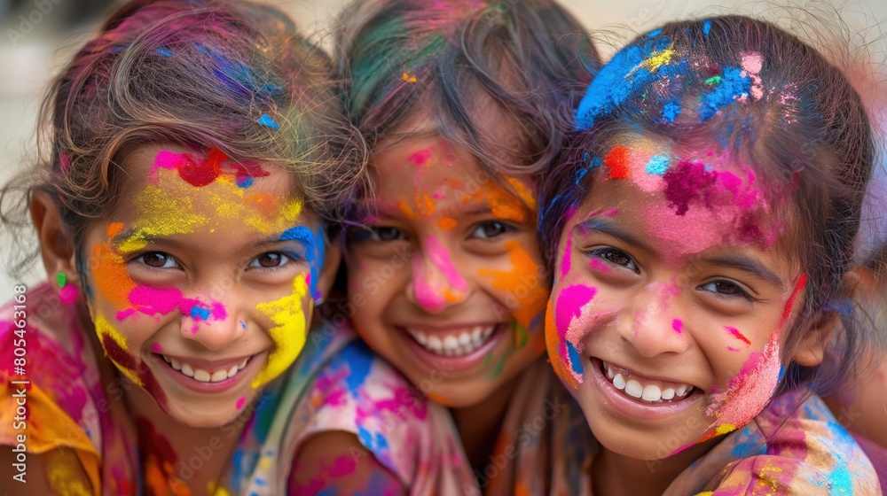Group of young girls covered in vibrant paint during Friendship Day celebration Group of young girls covered in vibrant paint during Friendship Day celebration