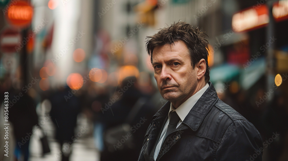 Mature man in the foreground, well dressed, on a city street with a blurred background. Mature man in the foreground, well dressed, on a city street with a blurred background.