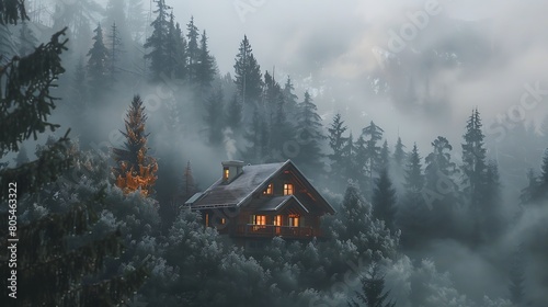 Tucked away in a secluded valley, a picturesque chalet peeks out from behind a curtain of pine trees, its cozy interior a haven from the chill of the mountain air, a sanctuary for weary souls.