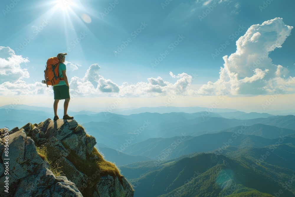 Fototapeta premium A tourist with a backpack and in shorts stands on the top of a mountain and looks into the distance at a picturesque mountain panorama
