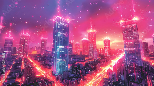 An aerial view of a futuristic cityscape bathed in vibrant pink and red lights  depicting a high-energy  digital metropolis