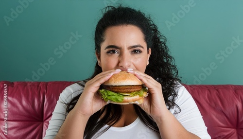 Overeating disorder, woman with obesity eating unhealthy junk food. Fight obesity and diabetes