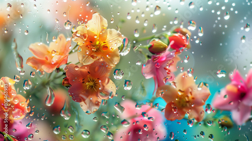 Colorful flowers behind cloudy glass in drops of water