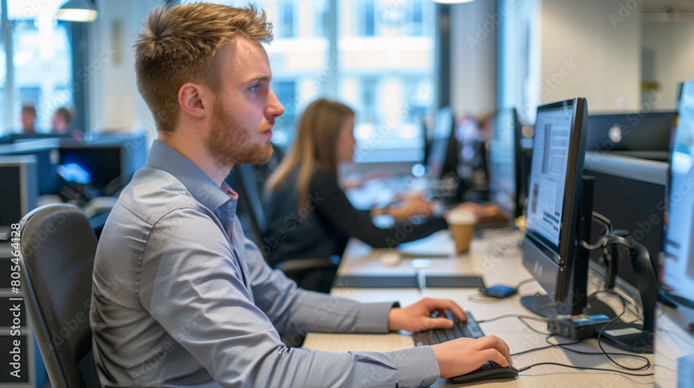 A team of IT professionals working on computers in a modern office. A team of IT professionals working on computers in a modern office.