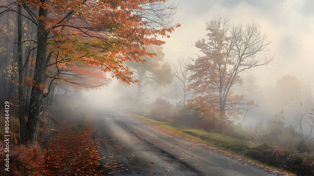 Wisps of fog cling to the roadside, lending an ethereal quality to the scene as leaves peek through the mist, imbued with an otherworldly allure.