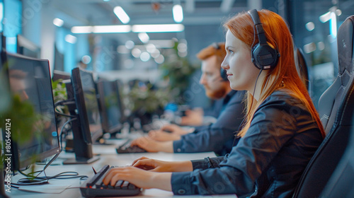 A team of IT professionals working on computers in a modern office.