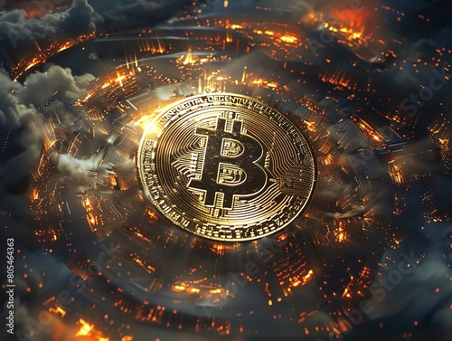 The image shows a golden Bitcoin coin in the center with a glowing orange background with a lot of stars.