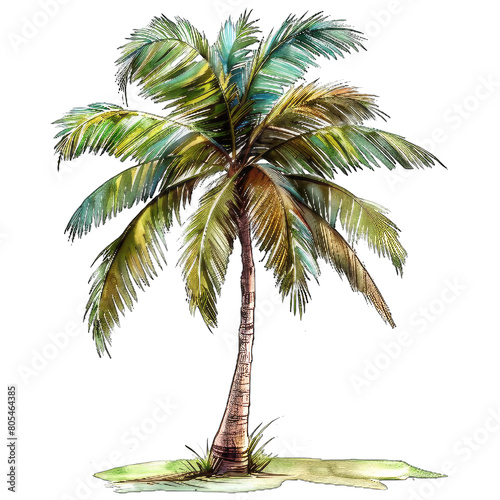 Create a watercolor painting of a palm tree. The sky is a bright blue and the sun is shining. The palm tree is green and lush.