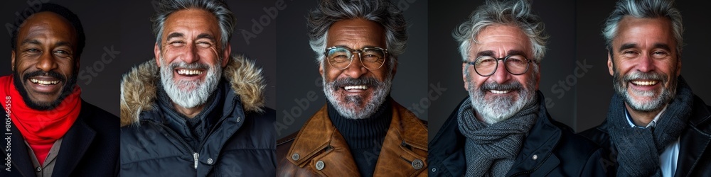 In a collage of portraits, relaxed and cheerful gentlemen, share laughter, embodying timeless charm. In a collage of portraits, relaxed and cheerful gentlemen, share laughter, embodying timeless charm.