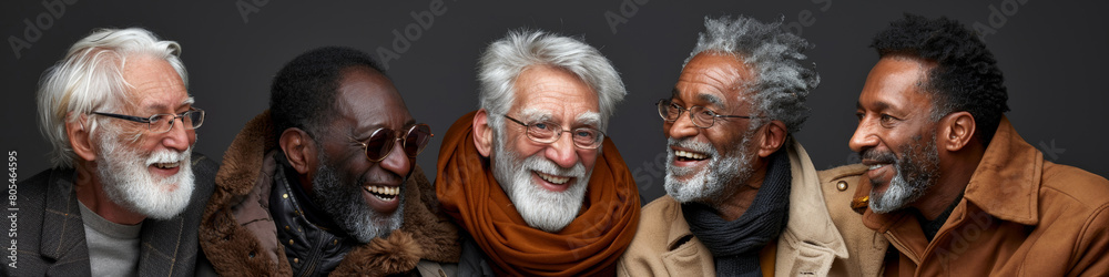 In a heartwarming scene, retired friends, diverse group of gentlemen, share laughter and togetherness. In a heartwarming scene, retired friends, diverse group of gentlemen, share laughter and togetherness.