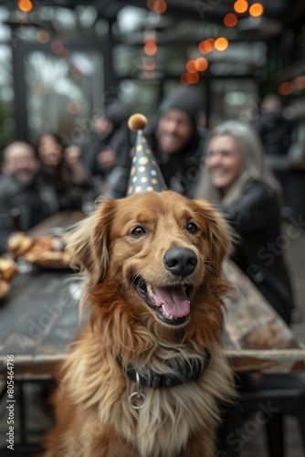 A cute dog wears a party hat  celebrating its birthday with friends and companions.