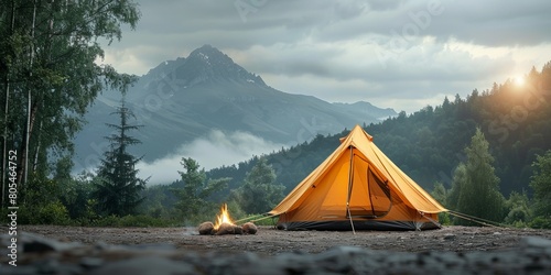 In the serene mountains, a tent glows with a campfire at sunrise, amidst the wilderness adventure.