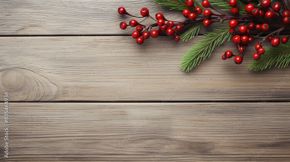 New Year brown background. Spruce Branches and Red Berries on a wooden. Happy Holiday and Christmas New Year brown background. Spruce Branches and Red Berries on a wooden. Happy Holiday and Christmas