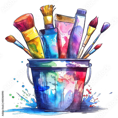 A watercolor painting of a paint bucket with paintbrushes and tubes of paint isolated on transparent background