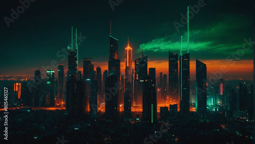 The image shows a futuristic city at night. 
