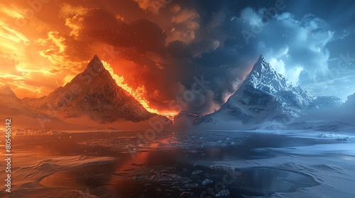 Fire and Ice Illustrate one side with fiery volcanic activity, lava flows, and ash clouds, and the opposite side with icy glaciers, snowcapped mountains, and frozen lakes