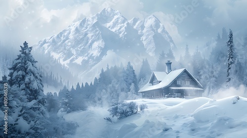 Wrapped in a blanket of snow, a mountain cabin stands sentinel against the elements, its sturdy frame a bastion of warmth and shelter amidst the winter wilderness, a sanctuary for the weary traveler.