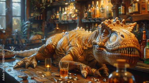 A whimsical scene of a sleeping dinosaur figurine sprawled across a bar counter, surrounded by an array of liquor bottles and atmospheric lighting.