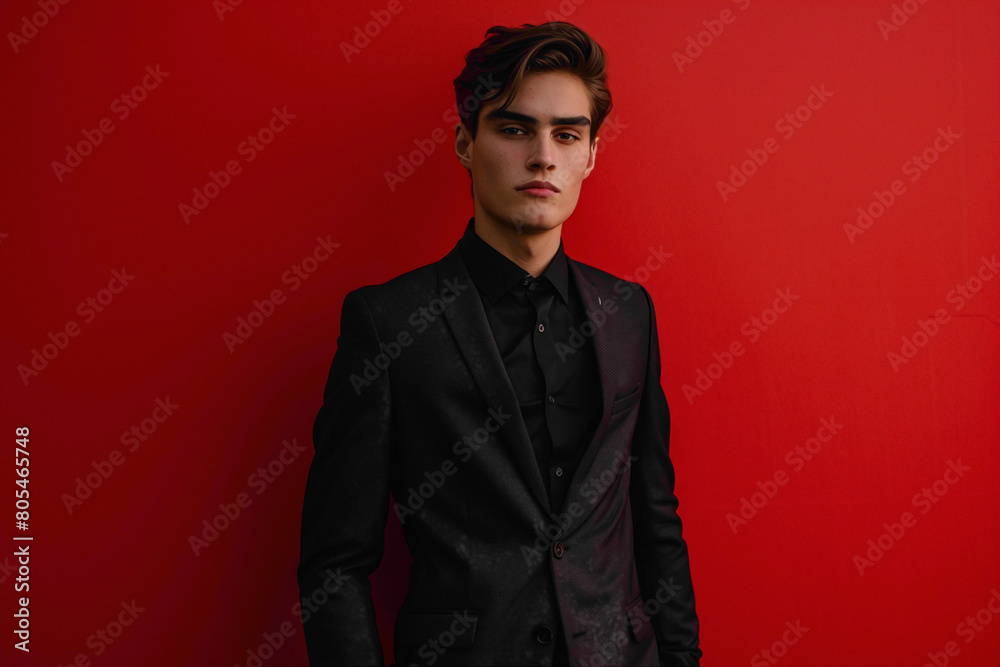 A captivating image of a young man in a sleek business suit, set agnst a bold red backdrop, his presence commanding attention and admiration. A captivating image of a young man in a sleek business suit, set agnst a bold red backdrop, his presence commanding attention and admiration.