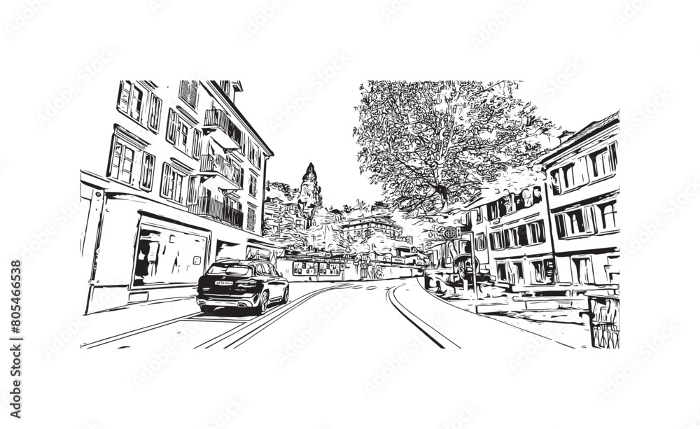 Obraz premium Print Building view with landmark of St. Gallen is the city in Switzerland. Hand drawn sketch illustration in vector.
