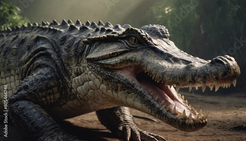 A huge crocodile whose enormous mouth bristles with several rows of venomous fangs capable of poisoning