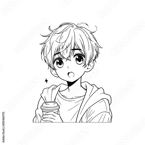 Cute Anime Boy having drink, cartoon character comic,coloring pages,kawaii, chibi, manga, photo