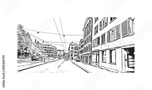 Print Building view with landmark of St. Gallen is the
city in Switzerland. Hand drawn sketch illustration in vector.