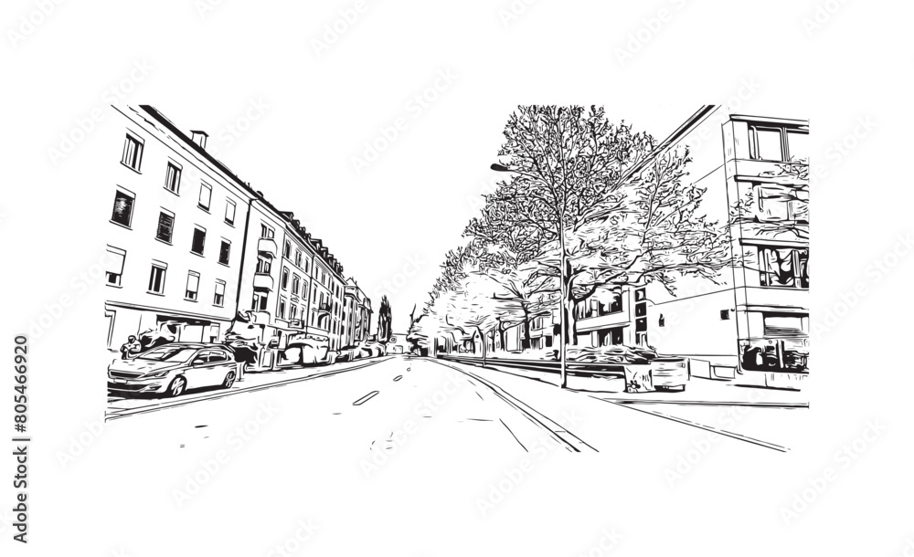 Print Building view with landmark of St. Gallen is the
city in Switzerland. Hand drawn sketch illustration in vector.