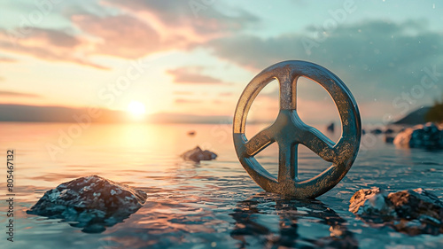 Peace sign on the water during sunset. Concept of peace.