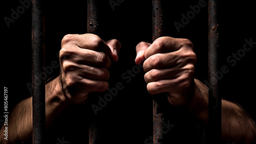 Man's hand holding bars against black background. For  imprisonment and captivity concept.