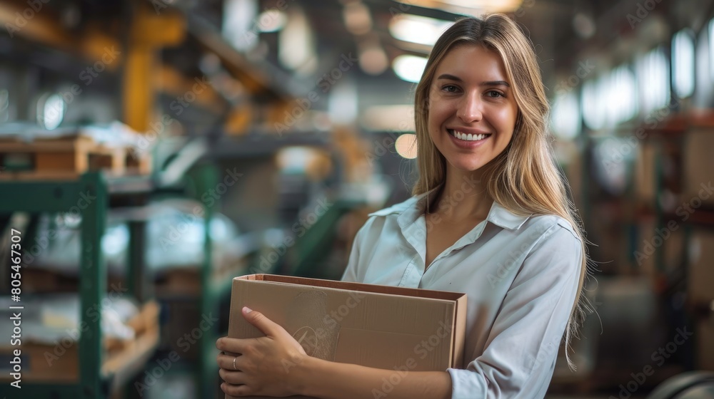 A professional businesswoman is holding a box inside a factory A professional businesswoman is holding a box inside a factory