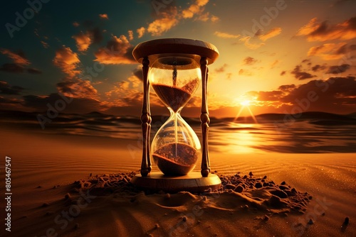 Vivid image of an hourglass with sands that transform into liquid under the scorching sun, symbolizing time slipping away