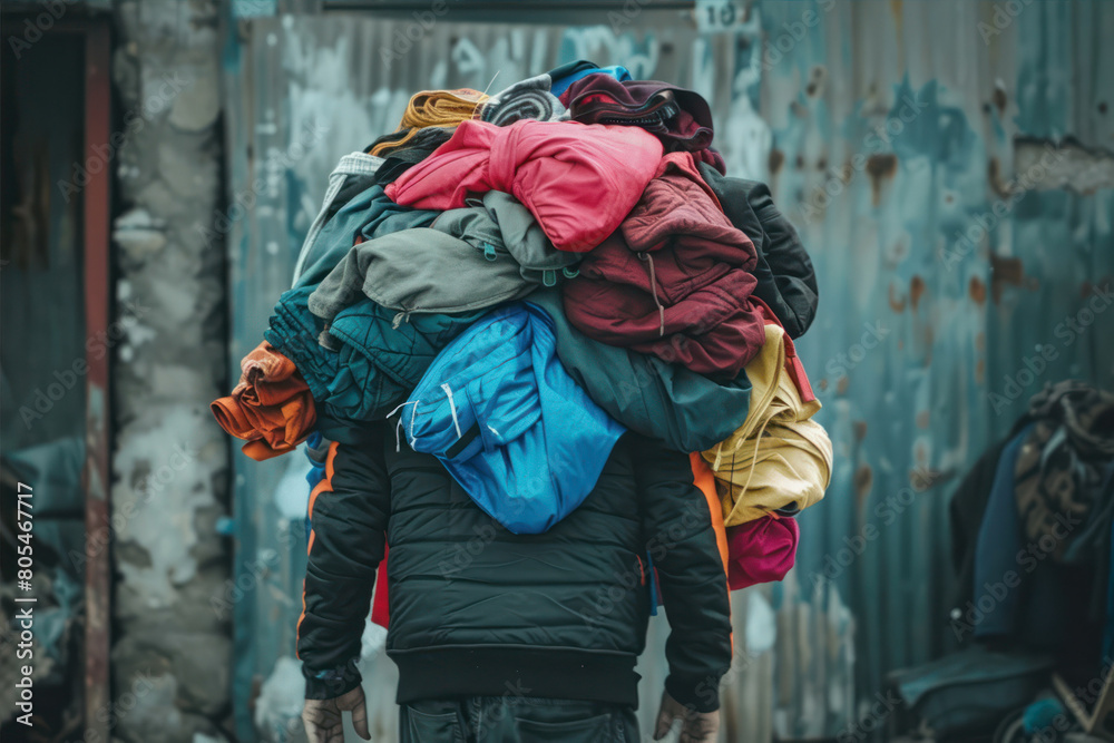 A man with a large stack of clothes on the background of the old wall