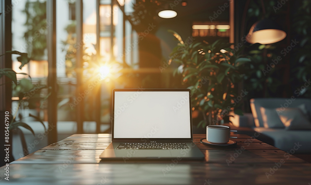 a desk with a laptop and a coffee cup on it a desk with a laptop and a coffee cup on it