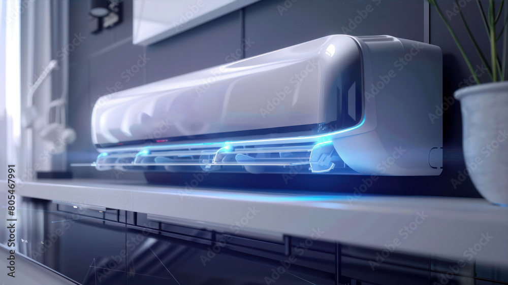 Air conditioner with blue lights 3d render concept of clean energy Air conditioner with blue lights 3d render concept of clean energy